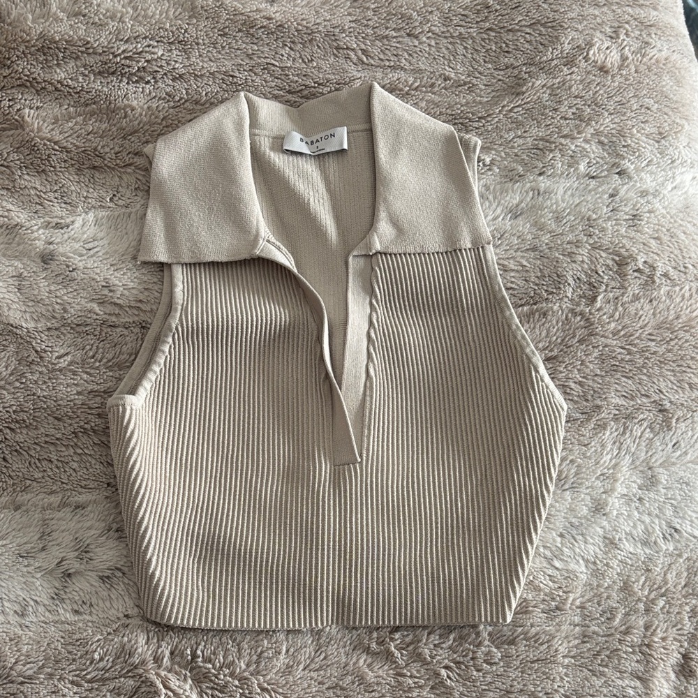 Babaton Collared Ribbed Knit Tank Top in Light Beige